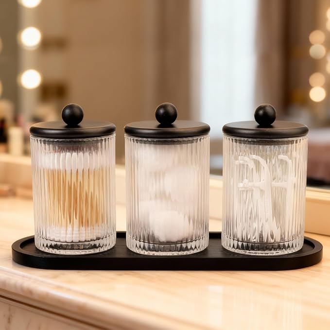 SheeChung 3-Pack Matte Black Glass Apothecary Jars with Bamboo Tray - Modern Industrial Bathroom Organizer Set for Cotton Rounds, Swabs & Flossers - Minimalist Vanity Storage Canister