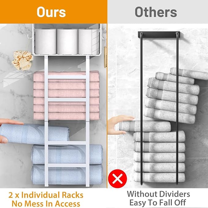 Towel Racks for Bathroom Wall Mounted, 4 tire Bath Towel Storage - with 2 Pack Towel Shelf and Floating Shelves Over Toilet, Rolled Towel Holder Shelf Organizer, Sturdy Metal & Wood, 34inch, White