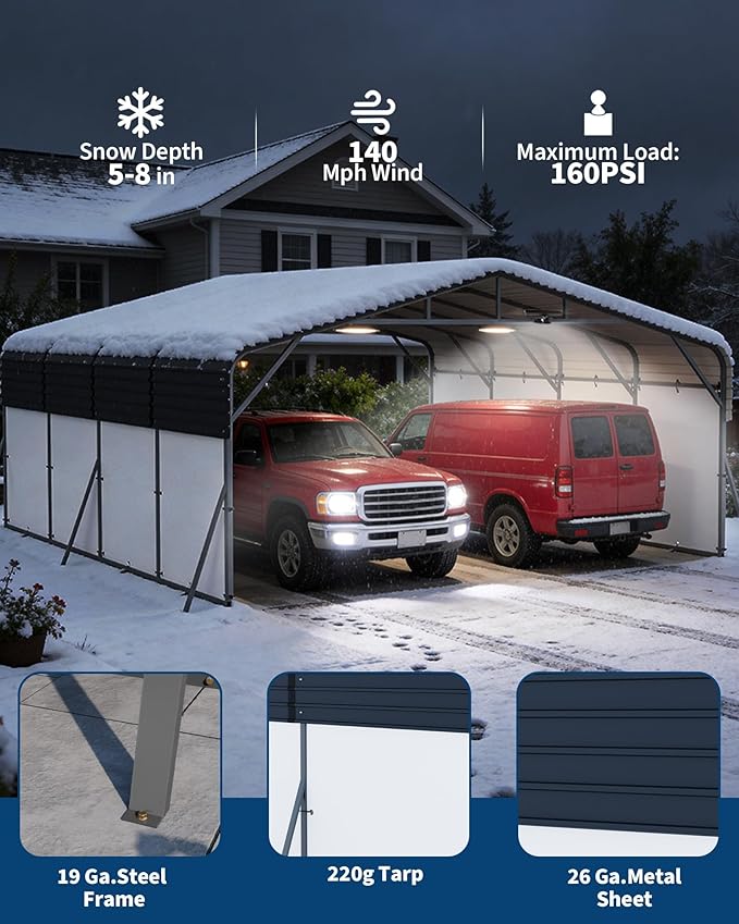 20x20FT Heavy Duty Metal Carport,Outdoor Portable Car Garage w/Led Light,Removable PE Sidewalls,Reinforced Base & Galvanized Steel Roof, Outdoor Car Port Canopy Shelter for Boats,Trucks