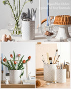 LE TAUCI Utensil Holder for Kitchen Counter - 7.1"+5.4" Ceramic Kitchen Utensil Holder Set of 2, Large Cooking Utensil Crock & Organizer for Spatula, Spoon - Embossed Kitchen Decor, White,Fireworks