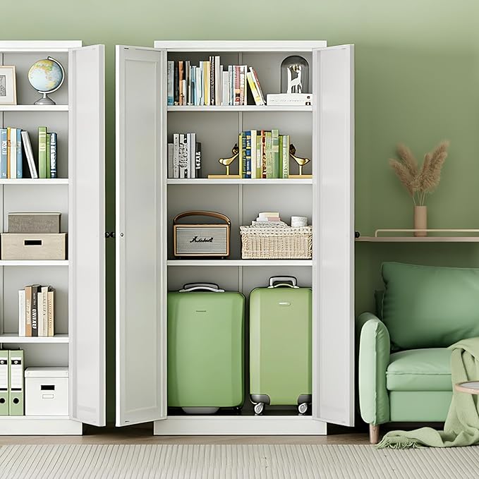 INTERGREAT Metal Storage Cabinet with Magnetic Doors, 63" H Traditional European Style Metal Cabinets with 2 Doors and 4 Adjustable Shelves for Home Office, Kitchen, Bathroom (White)