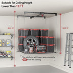 Overhead Garage Storage Rack for 10–12 FT Ceiling, Heavy-duty 4x4 FT Ceiling Storage Racks with Safety Lock, Ideal for Garage Storage Mounted Lift System and Storage Organizer, 250lbs Capacity