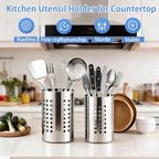 2PCS Stainless Steel Kitchen Utensil Holder, Utensil Caddy & Organizer for Drying Cooking Spoons Utility Sturdy Home Kitchen Daily Use Utensil Drainer (Silver)