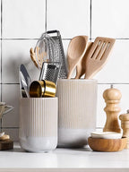 LE TAUCI Utensil Holder for Kitchen Counter, 7.3"+5.4" Fluted Ceramic Utensil Crock Organizer for Countertop, Heavy Large Holder for Spatulas, Spoons, Set of 2, Gray Marble