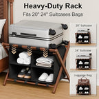 Bamboo Luggage Rack For Guest Room with 4 Storage Compartments, Foldable Suitcase Stand for Guest Room, 150lbs Capacity, Sturdy, Space-Saving and Easy to Assemble Organizer