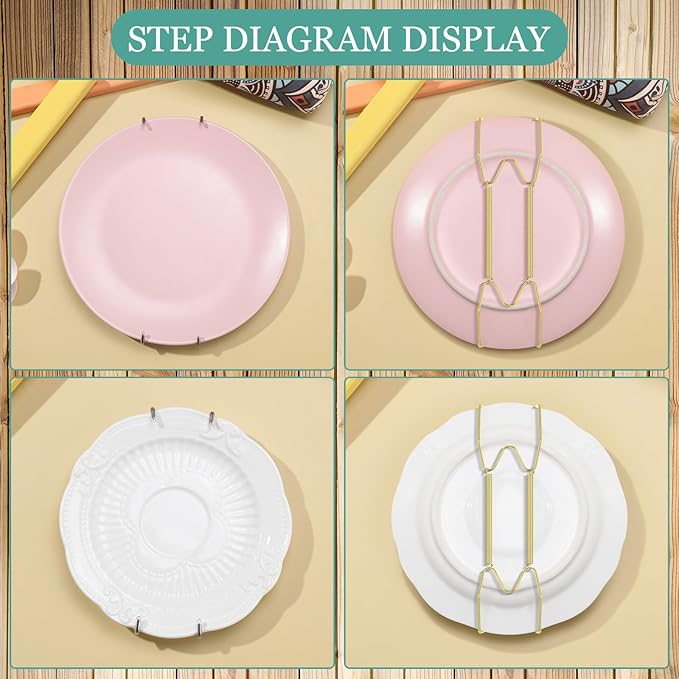 Hotop 12 Pieces Plate Hangers for Wall Stainless Steel Wire Invisible Heavy Duty Plate Hangers Display Holders with 12 Pieces Hooks for Wall Decorative(8/10/12 Inch,Gold)