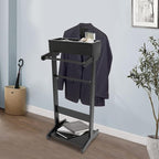 Clothes Valet Stand Holder for Men Suit Coat Rack Hanger Stand, Suit Valet Stand for Men and Women, Wood Clothes Stand with Top Tray and Storage Organizer, Clothes Trouser Bar Rack (Black)