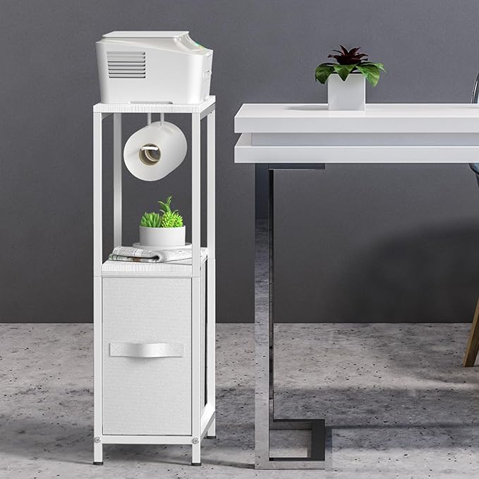 Slim Toilet Paper Storage Cabinet White, Toilet Paper Holder with Storage Bathroom Cabinet for Small Spaces Freestanding Tissue Stand with Drawer
