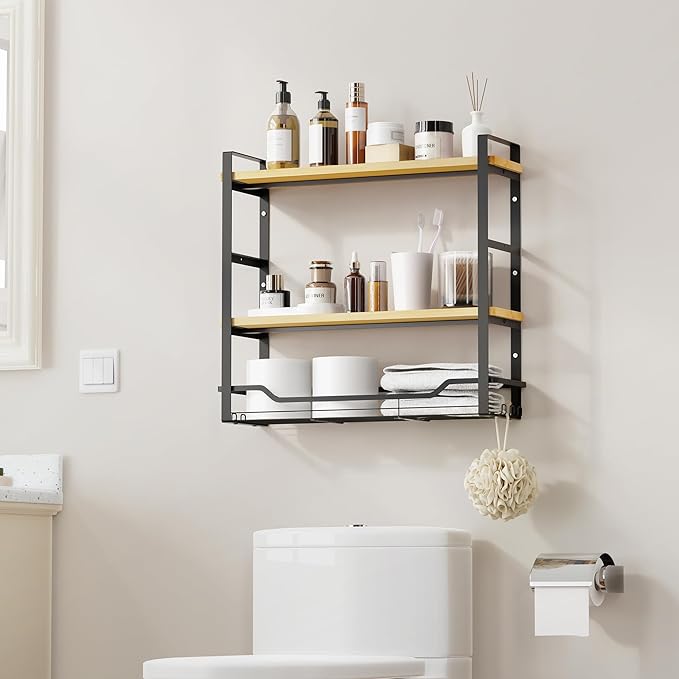 Bathroom Shelves Over Toilet Storage - 3 Tier Large Wall Mounted Shelves for Bathroom - Over Toilet Organizer - Adjustable Stand Shelf Rack for Kitchen Living Room - Black Oak
