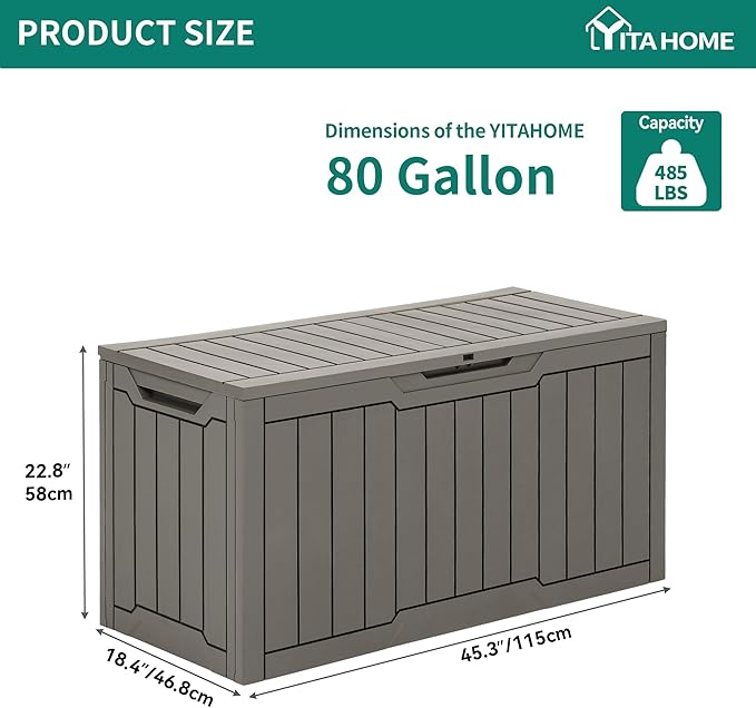 YITAHOME 80 Gallon Resin Deck Box, Waterproof Outdoor Storage Box, Lockable Indoor Outdoor Storage Bench for Supplies and Essentials, Taupe