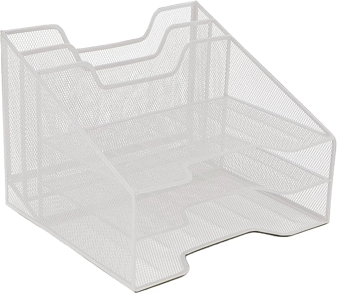Mind Reader Metal Mesh Desktop File Organizer, 3-Tier Paper Tray with 5 Compartments, Office Mail Sorter, White