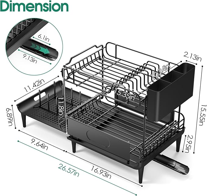 Dish Drying Rack for Kitchen Counter, Expandable 2 Tier Dish Rack, Large Capacity Dish Drainer with Drainboard Multifunctional Dish Strainer with Removable Cutlery Holder Black
