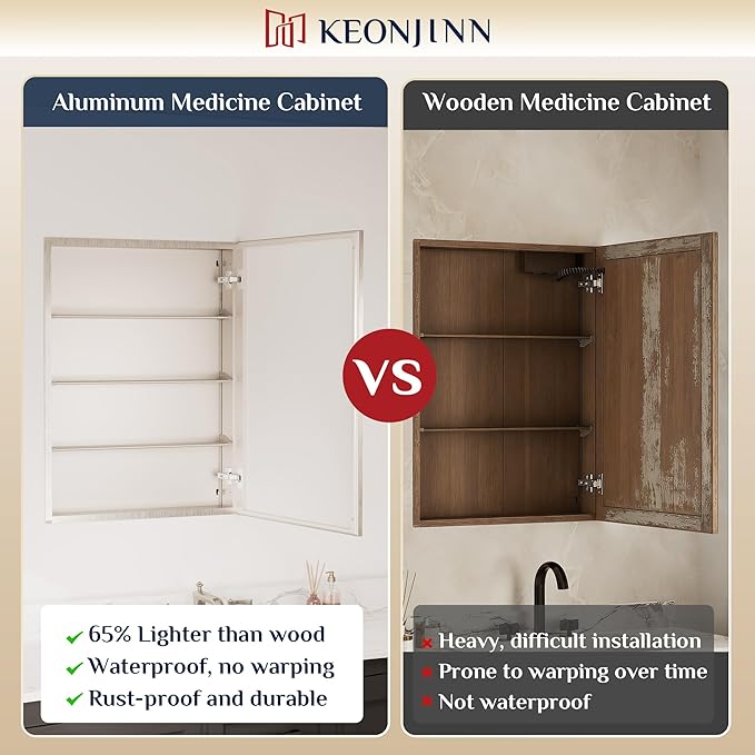 Keonjinn Medicine Cabinet Mirror 20" x 26", Assembly Needed, Brushed Nickel Bathroom Medicine Cabinet with Mirror, Beveled Framed, Surface Wall-Mounted or Recessed, Shelves Adjustable
