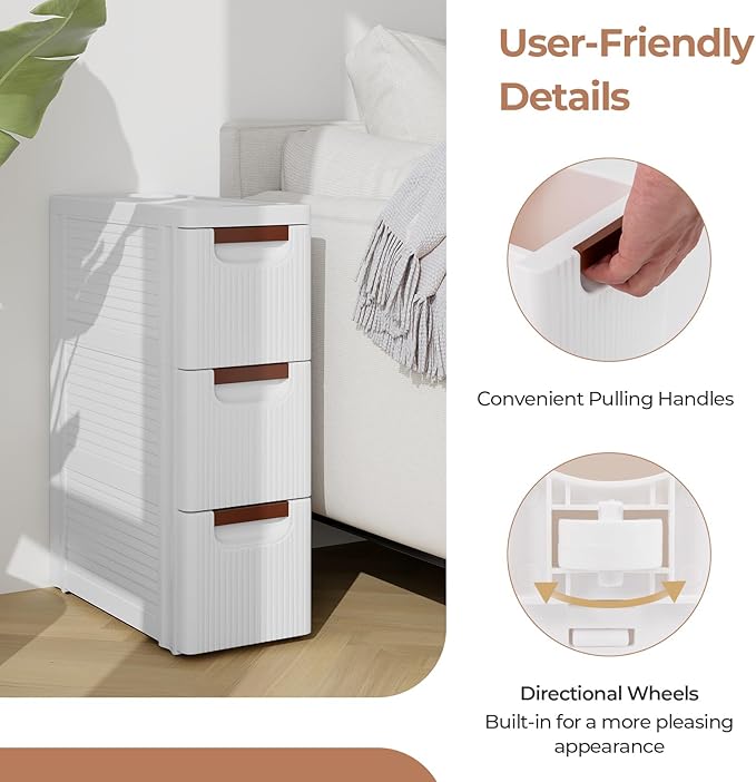 Giantex 3 Drawers Storage Cart, Narrow Plastic Dresser, Rolling Organizer Cart for Office Classroom Bedroom Bathroom Art Craft Supplies, Mobile Slim Utility Cart on Wheels (7.5"x16.5"x22.5")