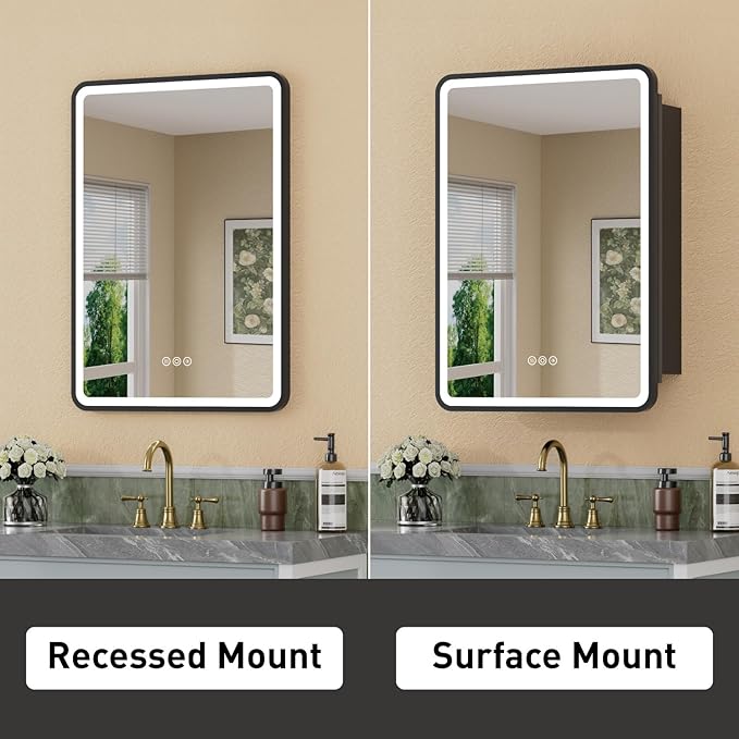 20 x 28 Inch LED Medicine Cabinet with Mirror, UL Certified Dimmable Lighted Bathroom Mirror Cabinet, Anti-Fog & Memory Function, 3 Color Modes, Recessed or Wall Mounted, Adjustable Shelf, Black