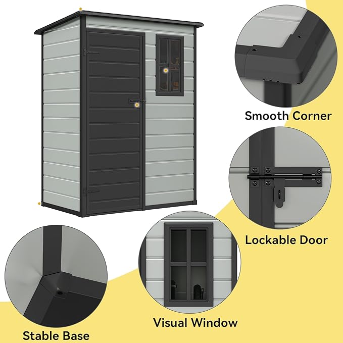 DWVO 5x3ft Resin Outdoor Storage Shed with Floor, Waterproof Lockable Storage Shed with Window, Plastic Outside Tool Storage for Garden, Backyard, Patio, Lawn,Blue-Gray+Black