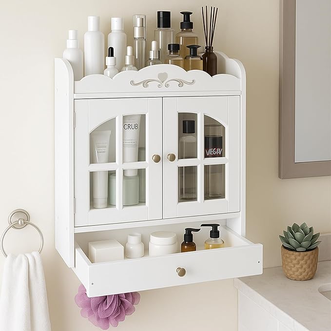 ShellKingdom Over The Toilet Storage Cabinet, Wall Mount Bathroom Cabinet, Narrow Bathroom Wall Cabinet with Doors and Shelf for Towel, Toilet Paper Storage, 17.71 x 15.35 x 6.69 inch