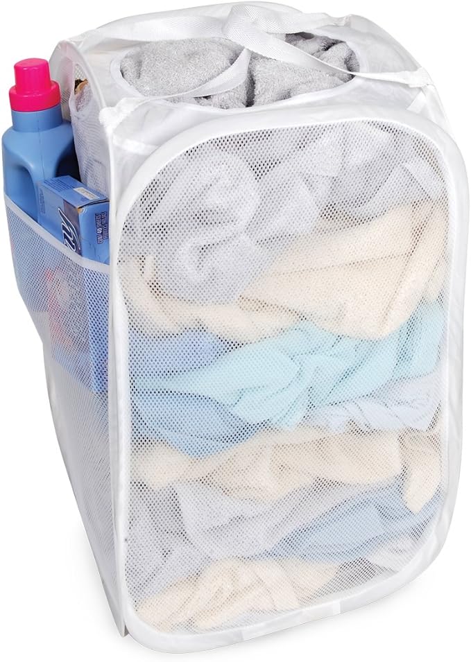 Smart Design Deluxe Mesh Pop Up Square Laundry Hamper w/ Side Pocket & Handles - VentilAir Fabric Collapsible Design - for Clothes & Laundry - Home - (Holds 2 Loads) (14 x 23 Inch) [White]