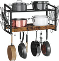 Hanging Pot Rack, Pot Rack Wall Mounted, 2-Tier Kitchen Pot and Lid Organizer, Wall-Mounted Pot Rack with 12 Hooks, for Kitchen Storage of Pots, Pans, Utensils, Rustic Brown TPR02BF