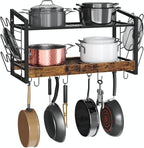 Hanging Pot Rack, Pot Rack Wall Mounted, 2-Tier Kitchen Pot and Lid Organizer, Wall-Mounted Pot Rack with 12 Hooks, for Kitchen Storage of Pots, Pans, Utensils, Rustic Brown TPR02BF