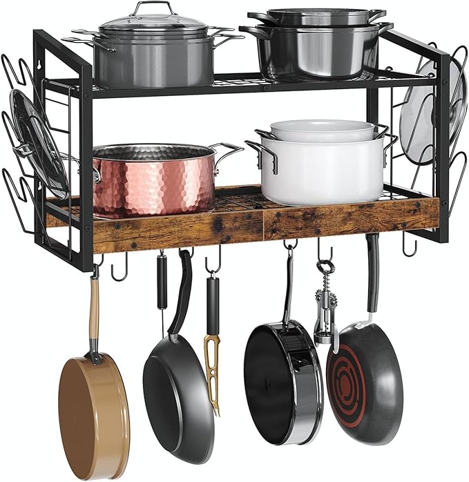 Hanging Pot Rack, Pot Rack Wall Mounted, 2-Tier Kitchen Pot and Lid Organizer, Wall-Mounted Pot Rack with 12 Hooks, for Kitchen Storage of Pots, Pans, Utensils, Rustic Brown TPR02BF