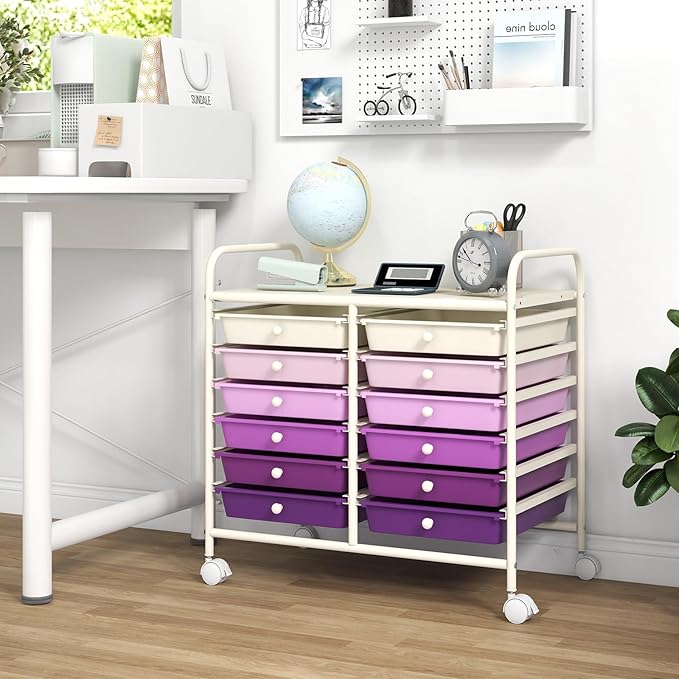 GOFLAME 12-Drawer Rolling Storage Cart, Multifunctional Art Craft Organizer Cart, Mobile Utility Storage Cart with Removable Drawers & Lockable Wheels, Craft Cart for Home Office, Purple Gradient
