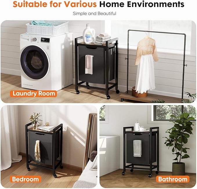 NEWBULIG Laundry Hamper with Removable Pull-Out Bag, Freestanding Clothes Basket Organizer with Wheels for Bathroom & Bedroom, 1 x 18.3 Gallon (69L) - Rustic Brown & Black