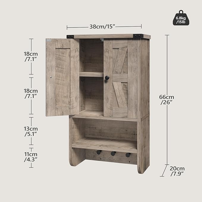 Bathroom Wall Cabinet, Farmhouse Medicine Cabinet with Adjustable Shelf, 3-Tier Wall-Mounted Storage Cabinet with 3 Hooks and Open Shelf, for Bathroom, Living Room, Kitchen, Greige