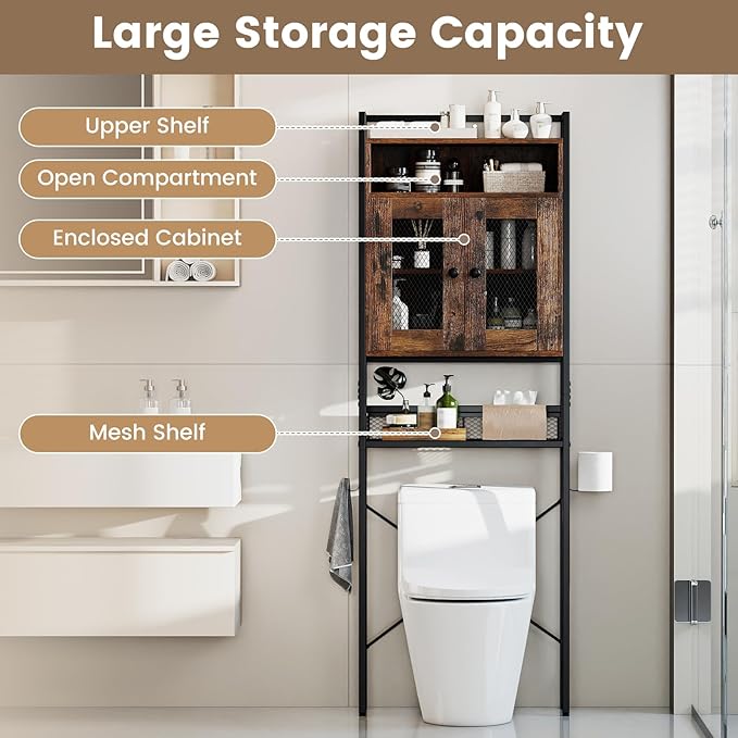 Giantex Over The Toilet Storage Cabinet, Bathroom Space Saver Above Toilet Storage with Paper Hook, Mesh Doors & Metal Stand, Over Toilet Bathroom Organizer for Laundry Room, Restroom