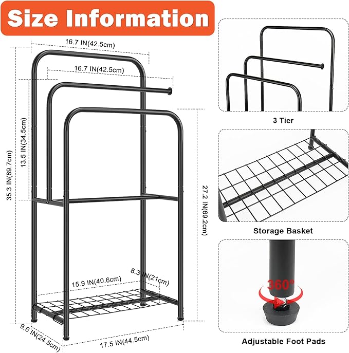 HarJue Towel Racks for Bathroom, 35" H Standing Towel Holder 3 Tier Metal Pool Towel Hanger Outdoor Floor with Storage Shelves for Blanket Bath Towel Drying (Matte Black)