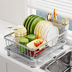 Dish Drainer Rack with Drip Tray, Sink Dish Drainer with Drainage Spout, Stainless Steel Dish Drying Rack with Cups, Utensil & Cutting Board Holders for Kitchen Counter Space-Saving, Grey