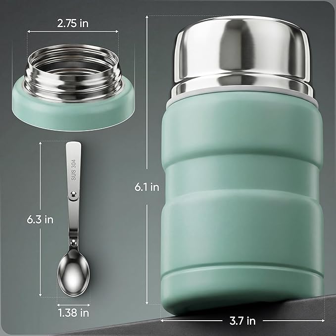 Earth&ME 17 OZ Soup Thermo for Hot & Cold Food for Kids, Vacuum Insulated Steel Lunch Container, Kids Wide Mouth Bento Thermal Food Jar, Warm Food Lunchbox Thermo Bowls with Spoon (Mint)