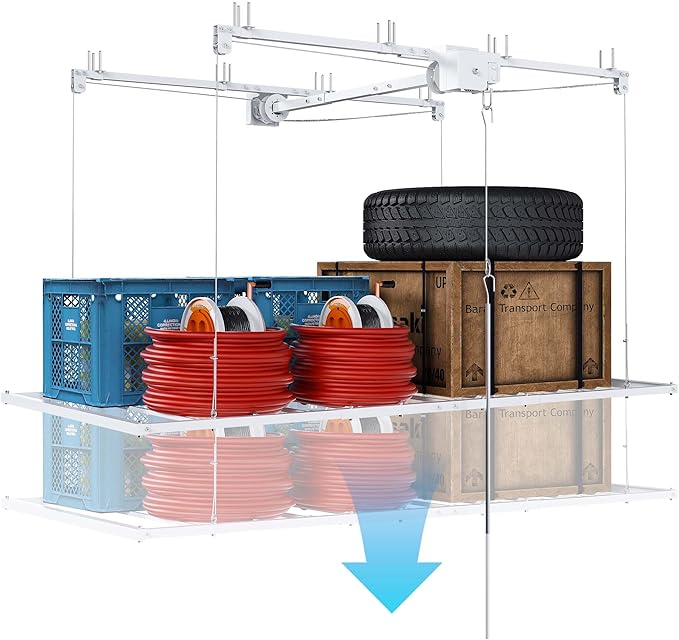 4x4 Garage Ceiling Storage Racks With Crank Lift, Garage Overhead Storage Racks For High Ceilings 10–12 Ft, 250 Lbs Load Capacity, All-Steel Frame, Garage Organization System (6 x 3)
