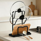 Kitchen Pot Lid Storage Rack: Carbon Steel 2 Pot Lid Organizer While Cooking, Multifunctional Kitchen Pot Lid Holder with Tray, Space-Saving Countertop Organizer Storage for Cutting Boards (Black)