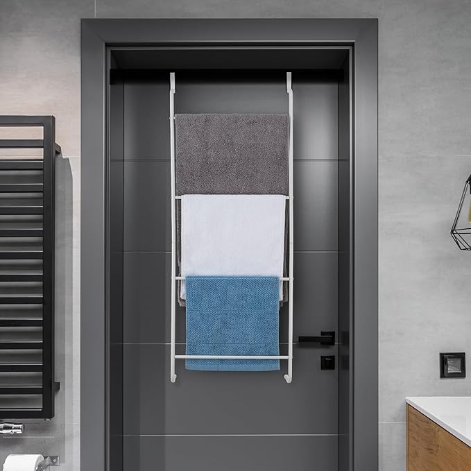 MyGift 4 Tier Over The Door Towel Rack, Bathroom Towel Holder Ladder, Space Saving Over Shower Door Drying Rack for Towels & Blankets, White Metal