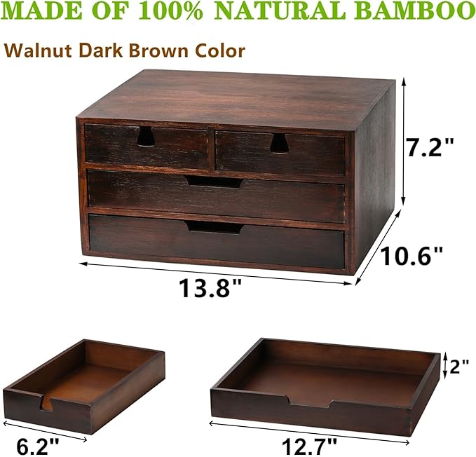DEAYOU Bamboo Desk Organizer, 100% Natural Bamboo Desktop Drawer Organizer, Dark Brown Tabletop Storage Cabinet Organization Box with 4 Drawer for Makeup, Letter, Home, 3 Layer, Fully Assemble