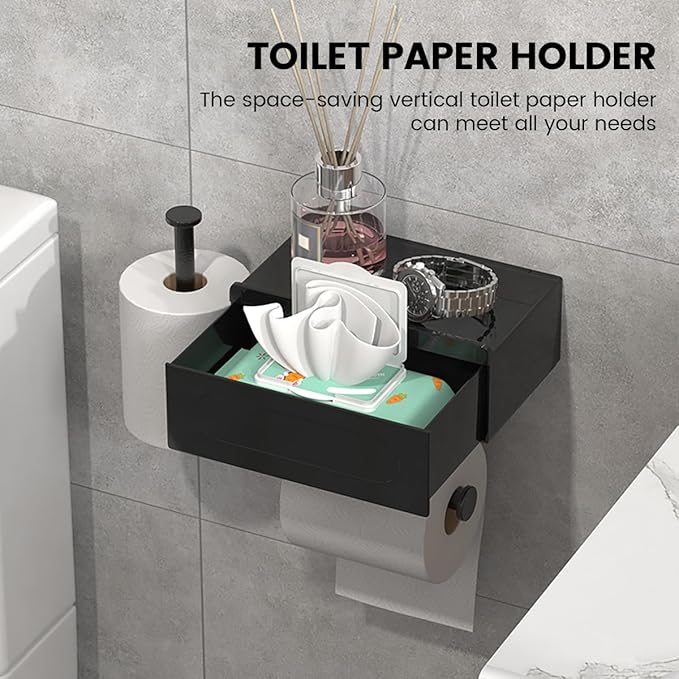 Modern Wall-Mounted Toilet Paper Holder with Storage Shelf, Black Bathroom Tissue Dispenser with Wipes Container, Multi-Function Organizer