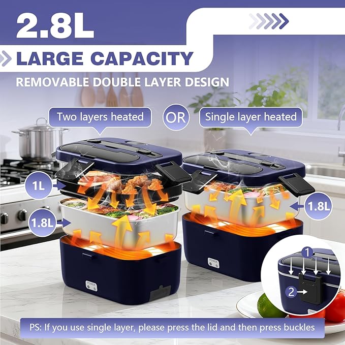 Electric Lunch Box for Adults, 2.8L Double Layer 100W Fast Heated Lunch Box, Heating Food Heater Warmer for Home Office Car Truck Use, Extra Large Lonchera Electrica Portátil 12/24V/110-230V, Blue