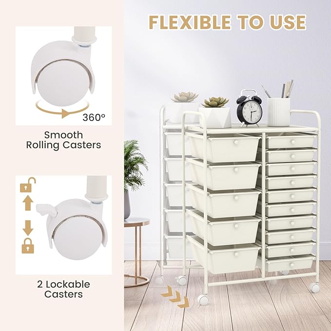 LUARANE Rolling Cart with 15 Drawers, Craft Storage Cart with Portable Handles & Lockable Wheels, Mobile Toys Organizer, Large Capacity Utility Drawer Cart Home Office School Teacher (White)
