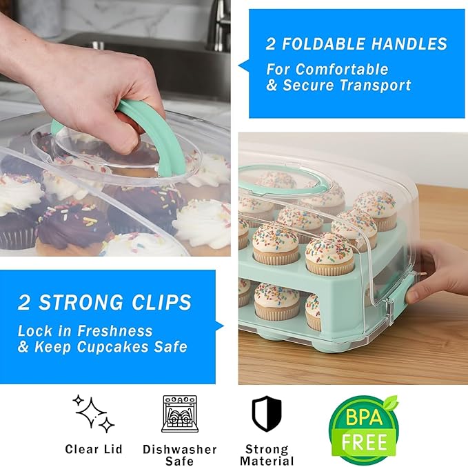 EXTRA TALL Cupcake Carrier 24 Count, 24 Cupcake Holder with Lid -Spacious 3.5” Tall Tiers Accommodate 24 Tall Frosted Cupcakes, Won't Smush! Cupcakes Containers Muffin Storage Container/ Muffin Holder