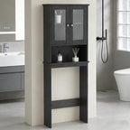 Nuturelly Over The Toilet Storage Cabinet, Bathroom Storage Organizer with Adjustable Shelves and Double Glass Doors, Freestanding Above Toilet Storage with Open Shelf, Wooden Toilet Rack(Black)