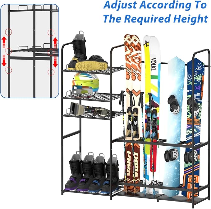 Freestanding Ski Rack for Garage - Stores 4 Pairs of Skis, Adjustable Ski Boot Holder, Organizes Skis, Boots, Poles, Goggles, Helmets & Gear, Ideal for Garage, Shed, Basement, Ski Enthusiasts