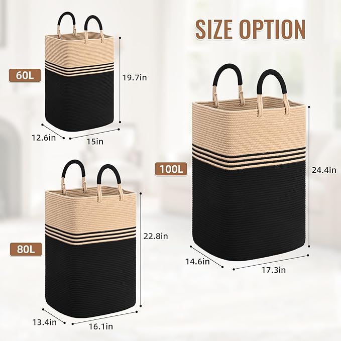 Laundry Basket Hamper,Blanket Storage,Dirty Clothes Hamper with Swivel Handles,Woven Cotton Rope Toy Baskets,Blanket Basket Living Room,Decorative Hampers for Nursery,Bedroom,Brown & Black,80L