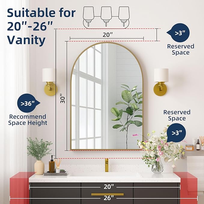 Medicine Cabinets for Bathroom, Brush Gold Arched Medicine Cabinet Recessed or Surface Wall-Mounted,Modern Bathroom Vanity Mirror with Storage, Mirrored Cabinet with Adjustable Shelves,20x30 Inch