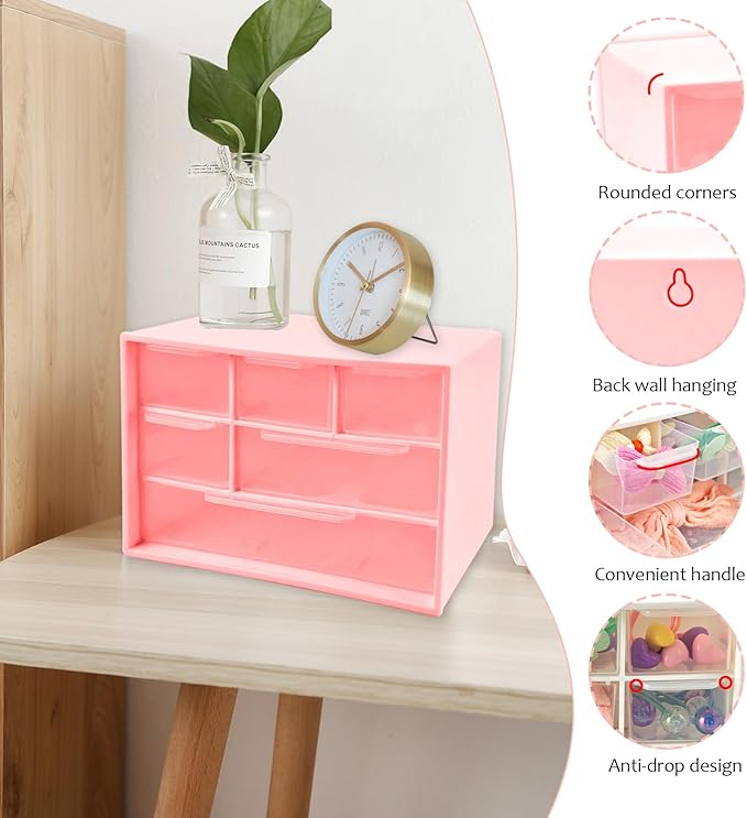 Mini Desk Drawer Organizer with 6 Clear Drawers - 7" x 3.9" x 4.7" Small Plastic Storage Box for Office, Classroom, Crafts, and Home Desktop Organization