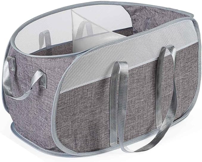 Collapsible Laundry Baskets, 2 Compartment Pop Up Mesh Hamper Foldable 75L Large Capacity Dirty Cloths Basket, Lightweight Foldable Laundry Basket for LaundryRoom, Bathroom or Travel (Grey)
