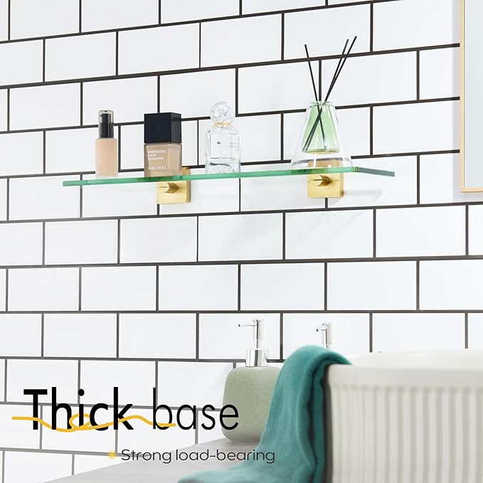KOKOSIRI Wall Shelves 20-Inch Floating Tempered Glass Shelf for Bathroom Kitchen Hanging Rack Shower Storage, 2 Pack Gold Stainless Steel B1107BG-L20-P2