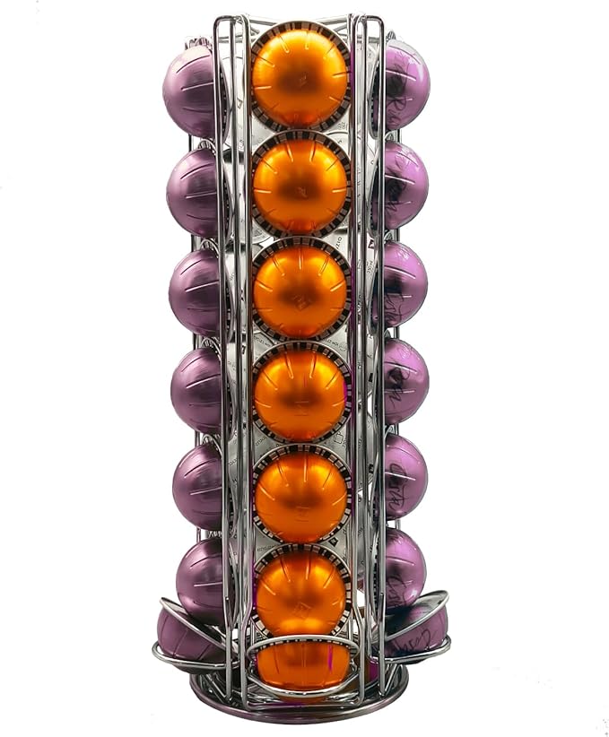 Miuly Coffee Capsule Holder For Nespresso Vertuoline, Coffee Capsule Stands Rotating Pod Rack holds 35 Nespresso Vertuo Pods, Silver