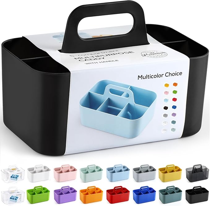 Multiuse Caddy Organizer with Handle - Stackable Plastic Tote Bin - Art Craft Supplies, Office, Desk, Stationery Pen Holder, Kitchen, Utensil, Makeup, Bathroom, Shower, Cleaning, Dorm Organizer -Black
