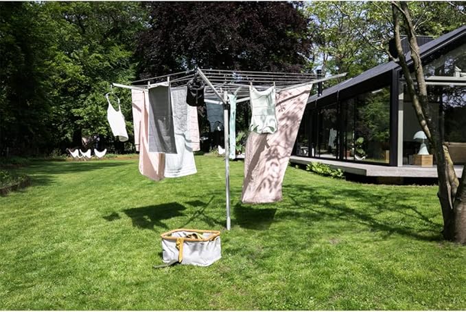 Brabantia Lift-O-Matic Outdoor 4 Arm Clothesline (197 ft/Ø 1.8") Height Adjustable, Folding Clothes Drying Rack + Ground Spike & Cover (Gray)
